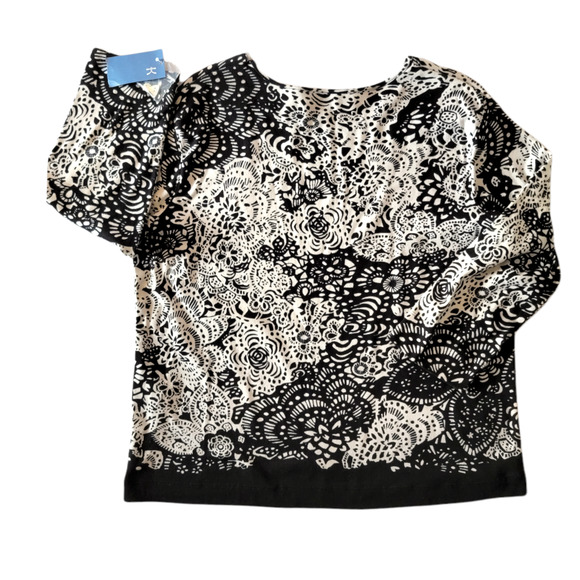 Koret Black Floral Knit Top 100% Cotton Shell & Sequin Detail Sz L LS NEW - Picture 2 of 6